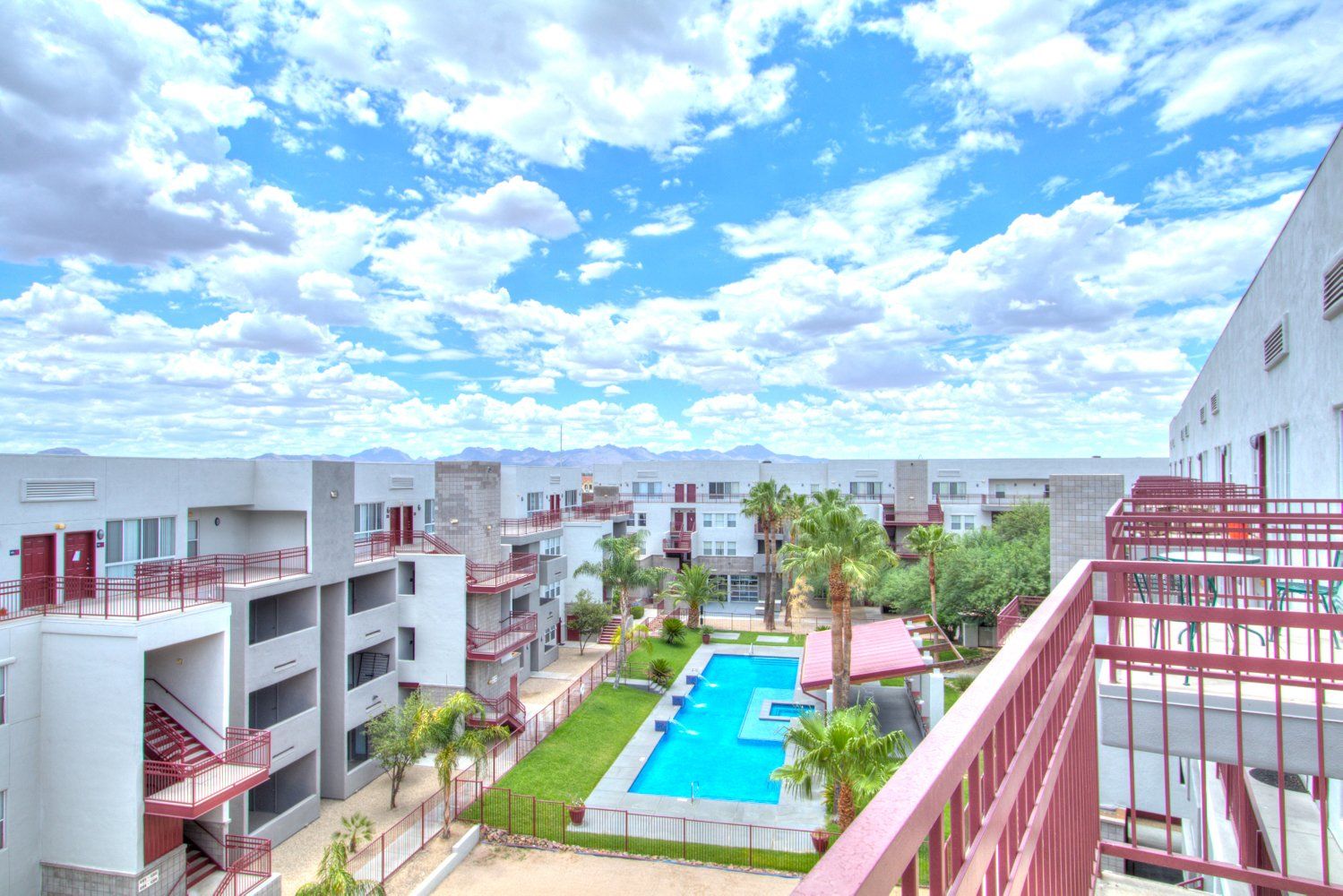 Check out the floor plans with private balconies! A pool, volleyball court, and modern apartments with mountain views in Tucson, AZ.