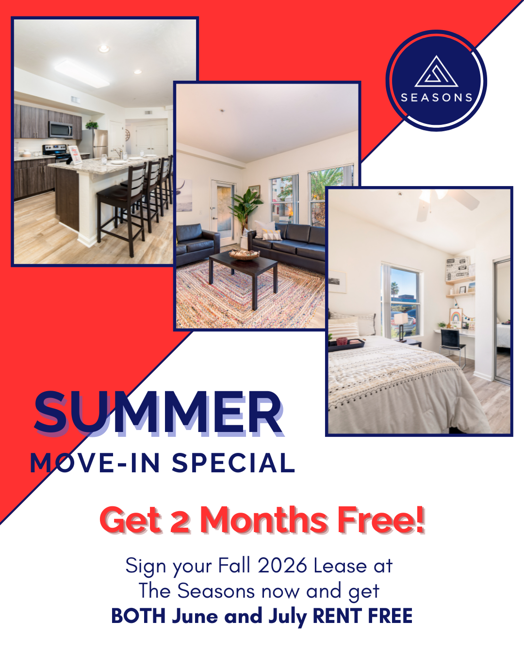 Red and blue graphic with pictures of an apartment and details on Move in special