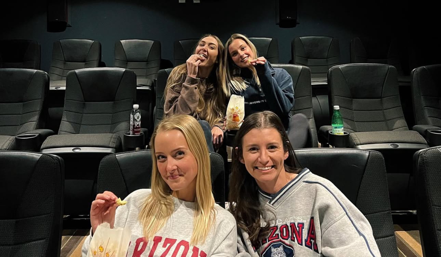 Rent the theater with your friends or a school group! Four female residents hosting movie nights with friends in the spacious theater room at The Seasons Tucson.