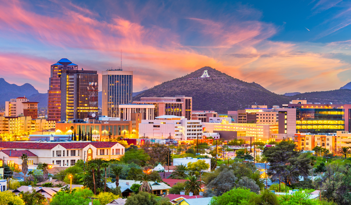 Rooftops, trees, and the iconic A Mountain in the background in Tucson Arizona.
