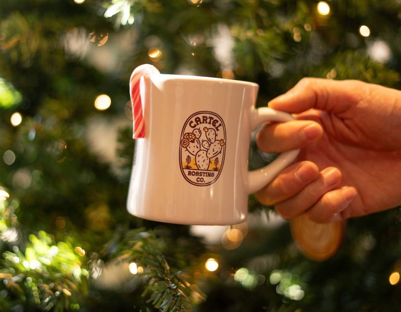 Stay warm with some hot cocoa at The Seasons' Clubhouse! A festive mug with a candy cane, set against a twinkling Christmas tree from Cartel Roasting Co.