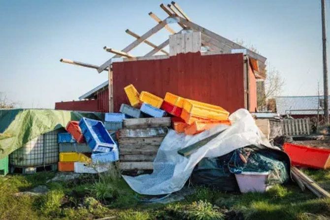 Wood debris and construction waste at a residential demo site.