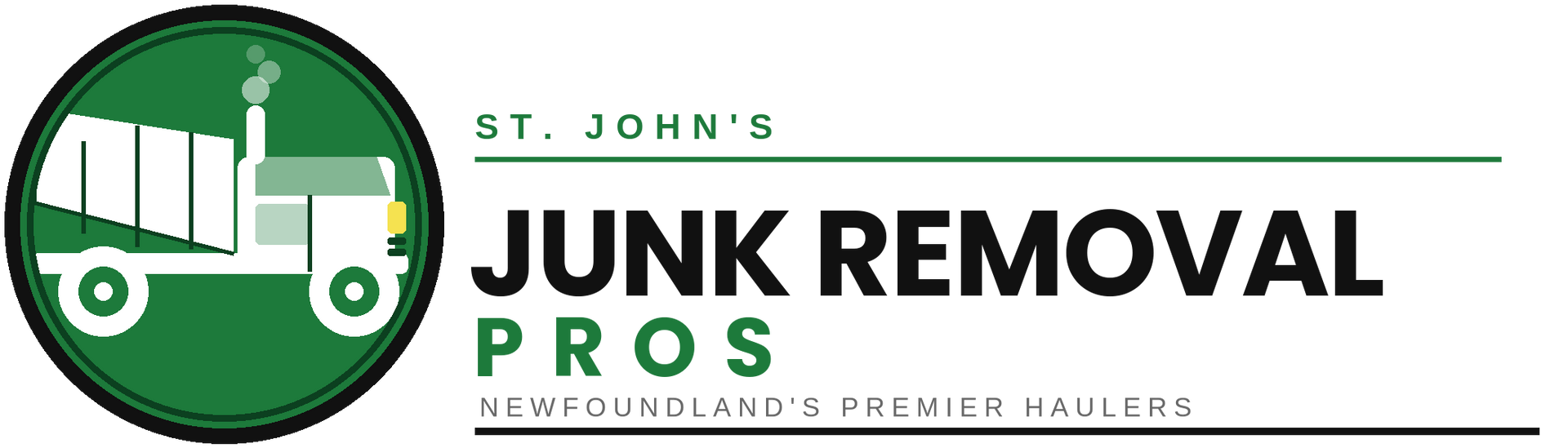 a pictograph of a green and white truck taking junk out as a logo, green lettering with bold black lettering junk removal