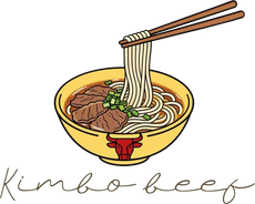 Illustration of kimboo-beef: noodles and beef in a yellow bowl with chopsticks and sauce