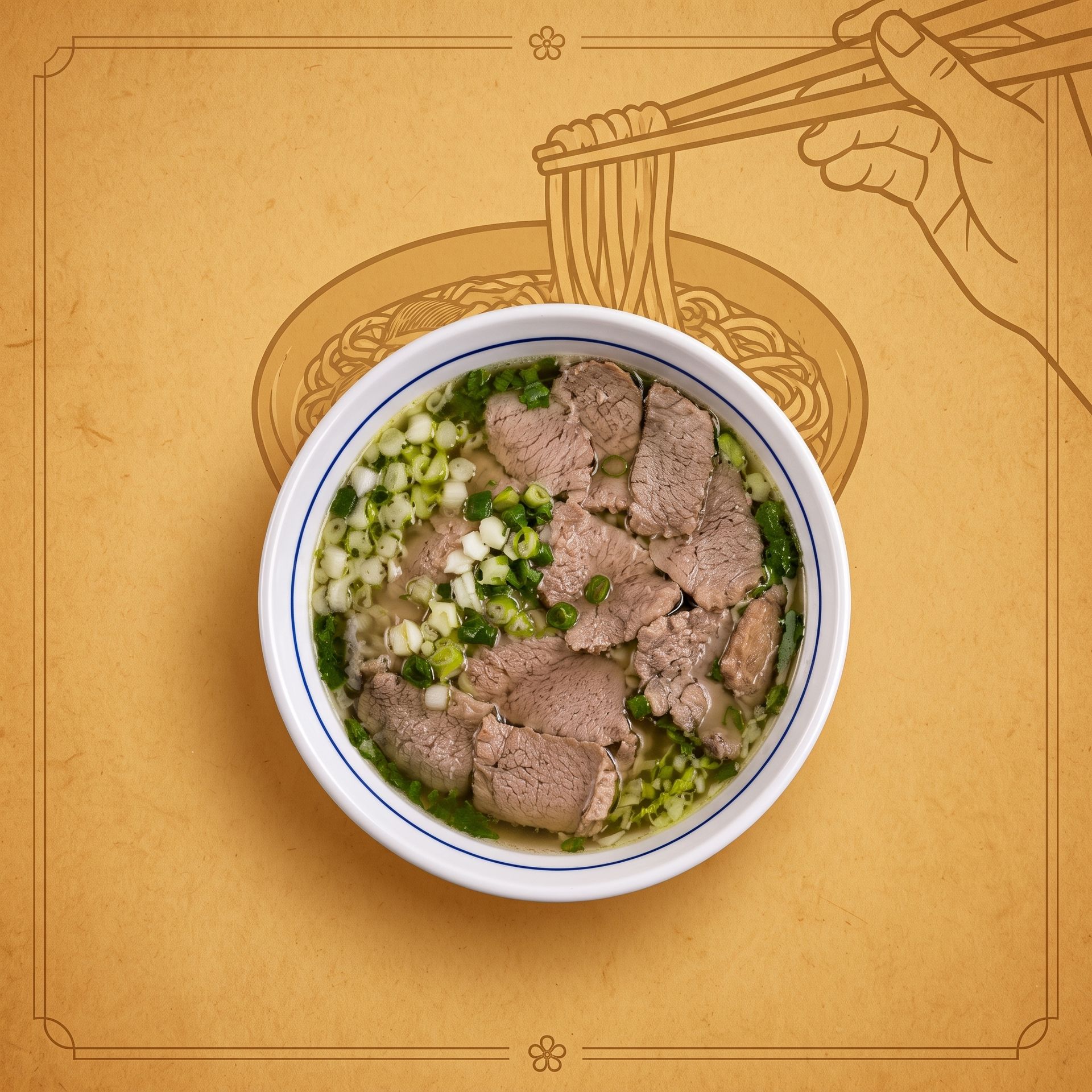 A bowl of noodle soup with meat and herbs on a tan background, held with chopsticks illustration.