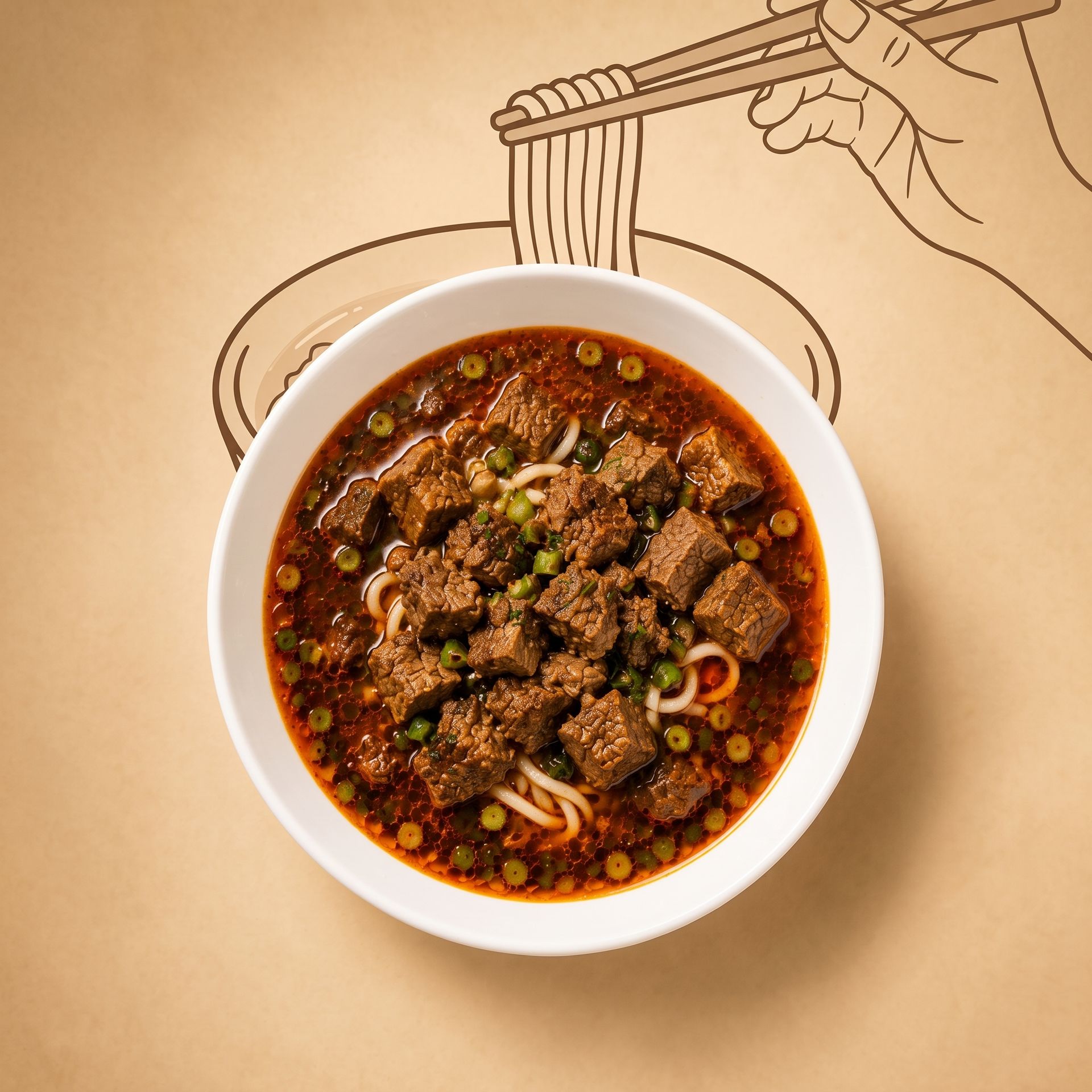 Bowl of spicy noodle soup with chopsticks lifting noodles on a beige background