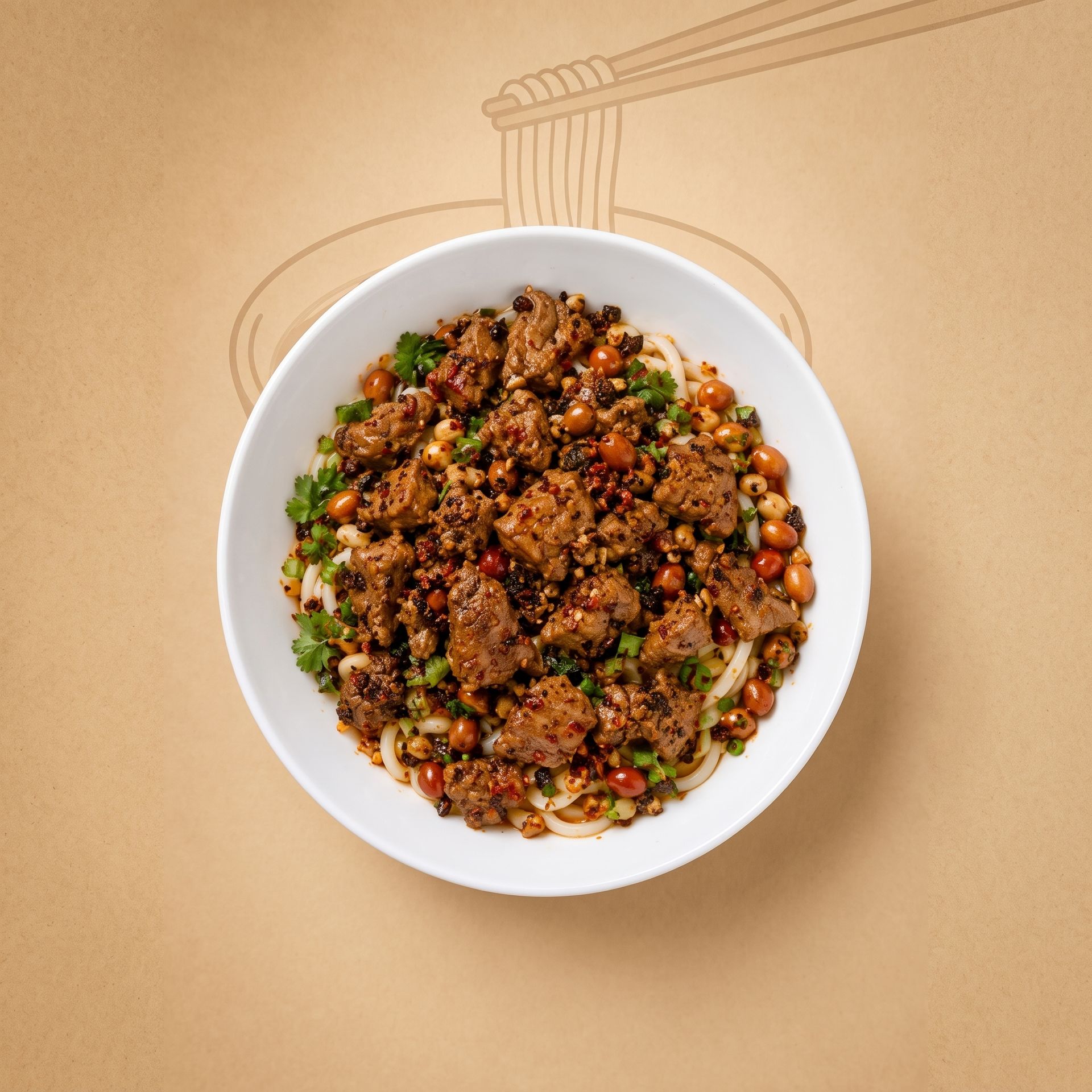 Bowl of minced meat and vegetables on a tan surface, viewed from above.