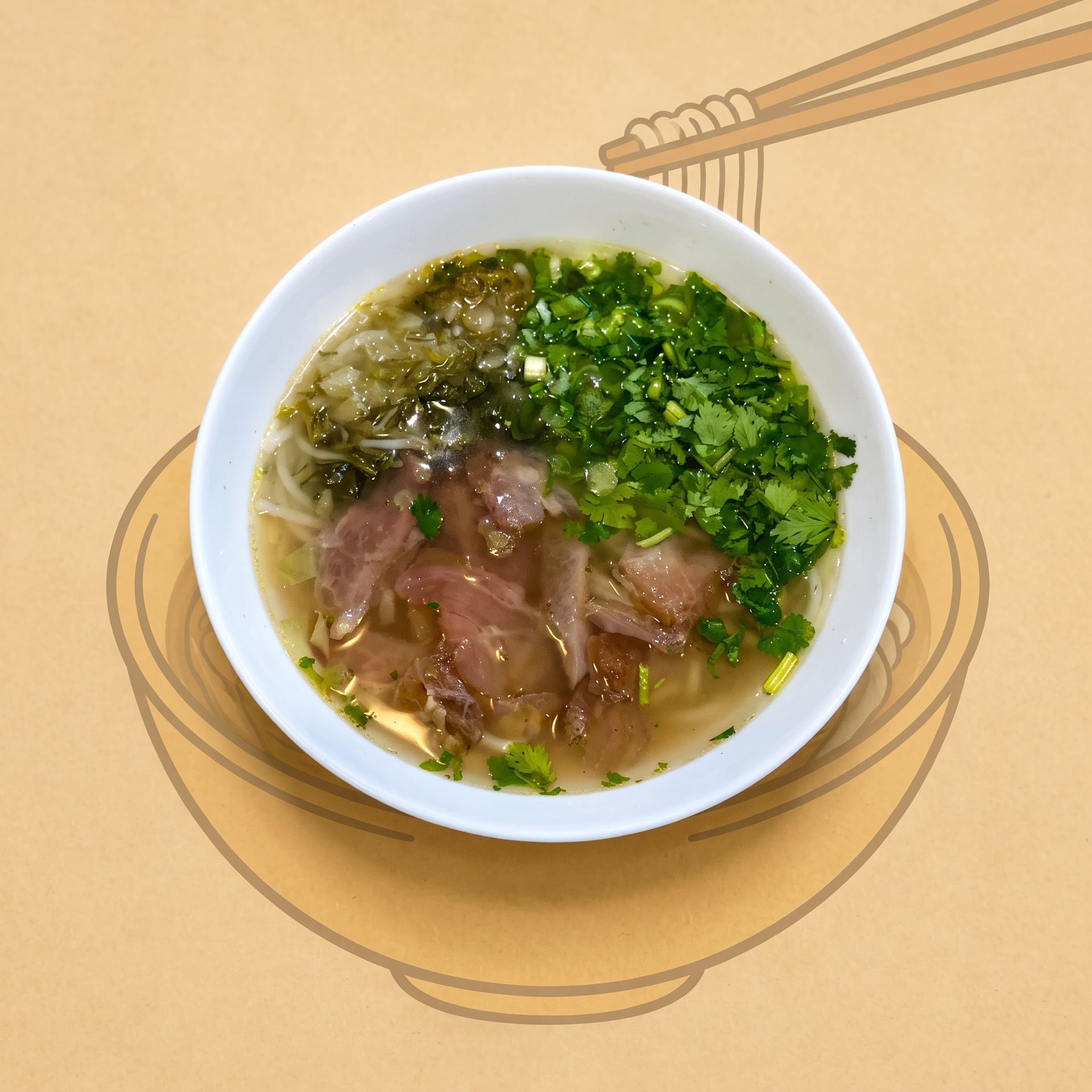 Bowl of noodle soup with sliced meat, green herbs, and broth on a tan background