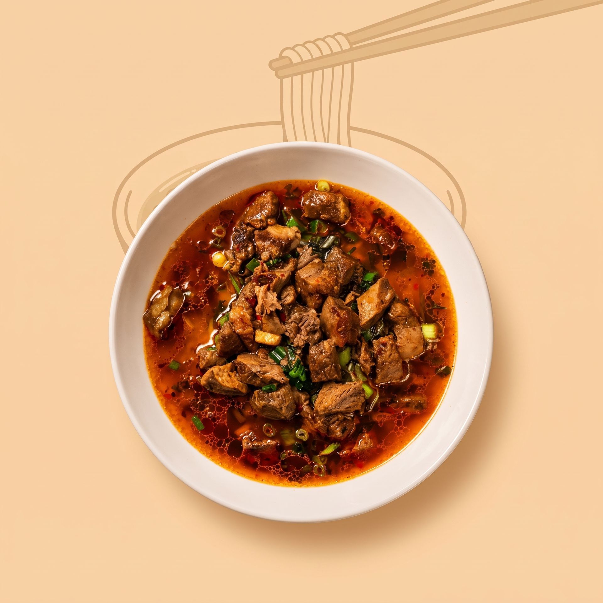 White bowl of spicy red stew with meat, on a beige background with chopsticks above it