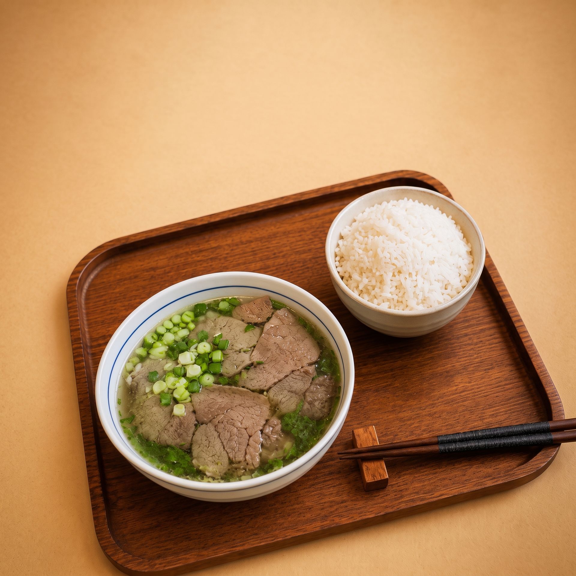 Vietnamese noodle soup with rice bowl on a wooden tray, chopsticks resting beside it.