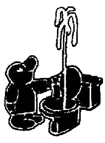 A black and white drawing of a teddy bear sitting on a toilet.