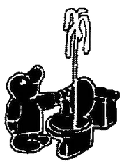 A black and white drawing of a teddy bear sitting on a toilet.