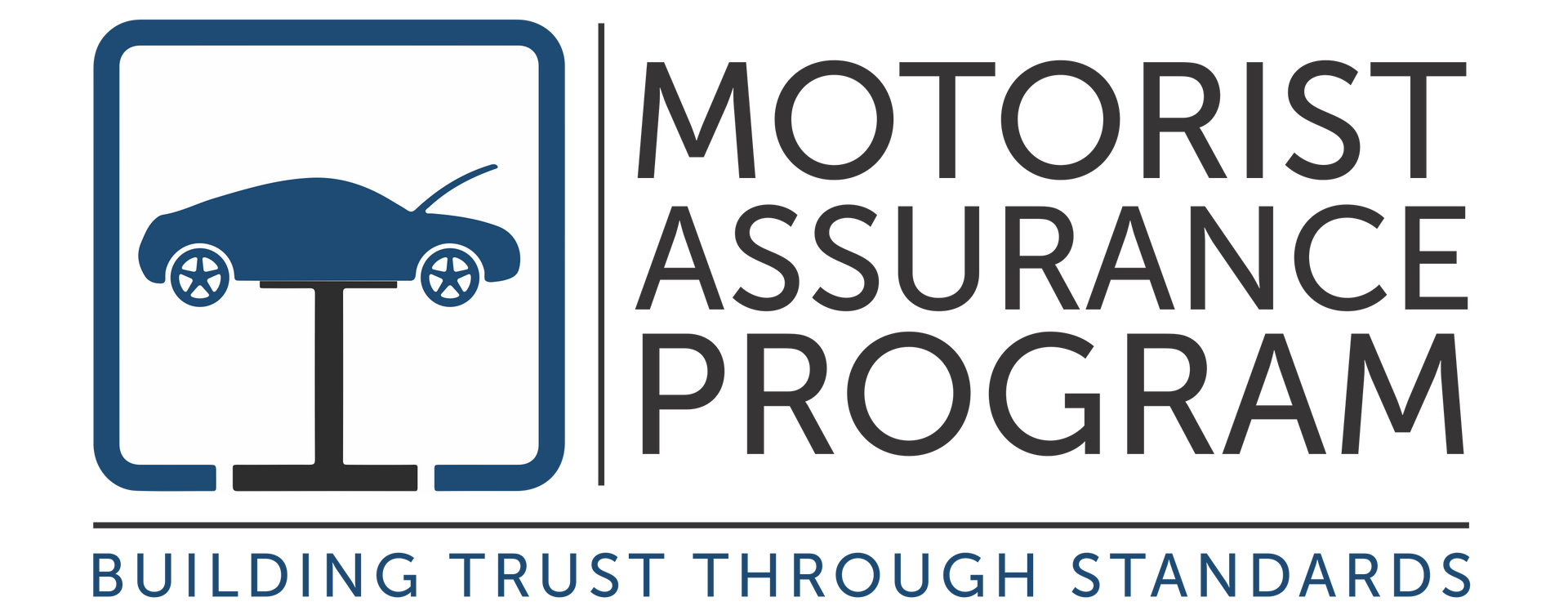 Motorist Assurance Program logo with blue car on lift and tagline “Building Trust Through Standards”