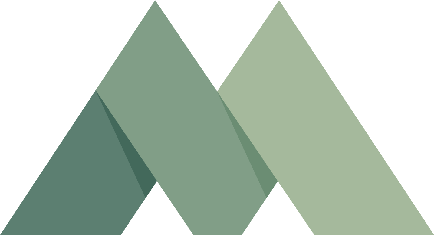 A stylized letter M formed by two overlapping geometric triangles in shades of sage and forest green.