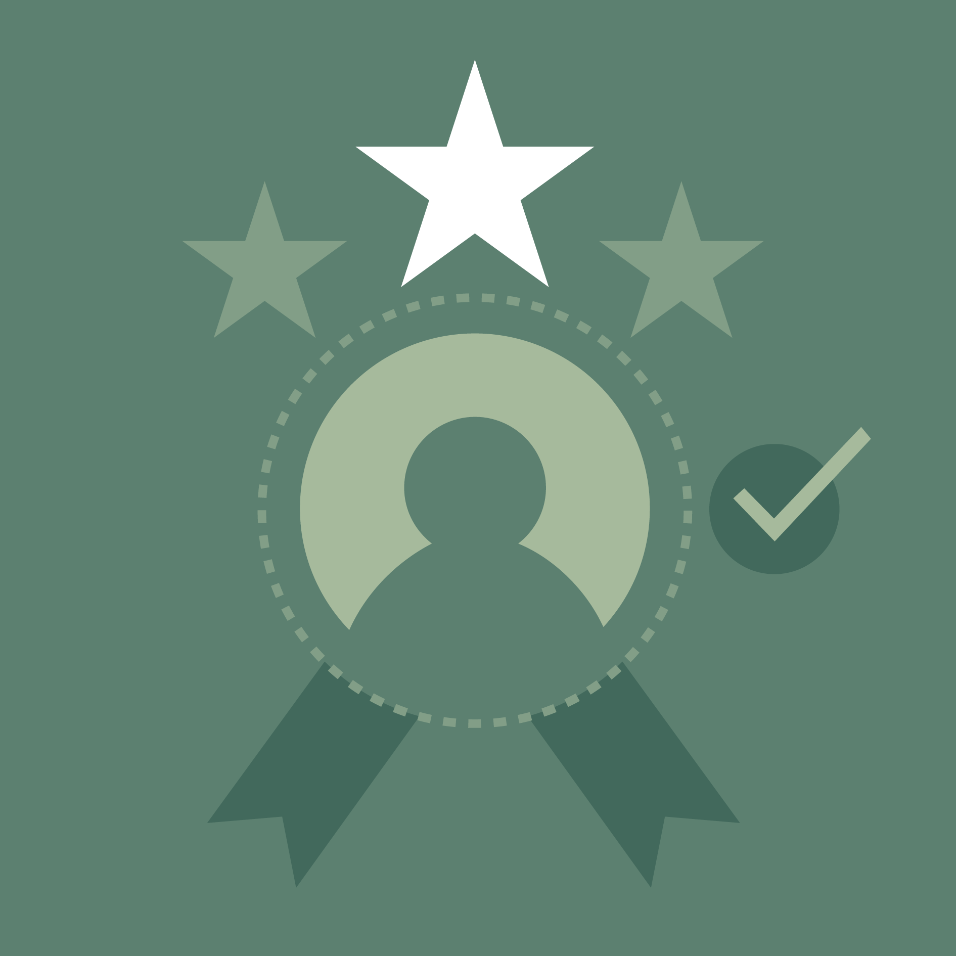A green icon showing a stylized person inside a circle with a white top star, two smaller side stars, and a checkmark.