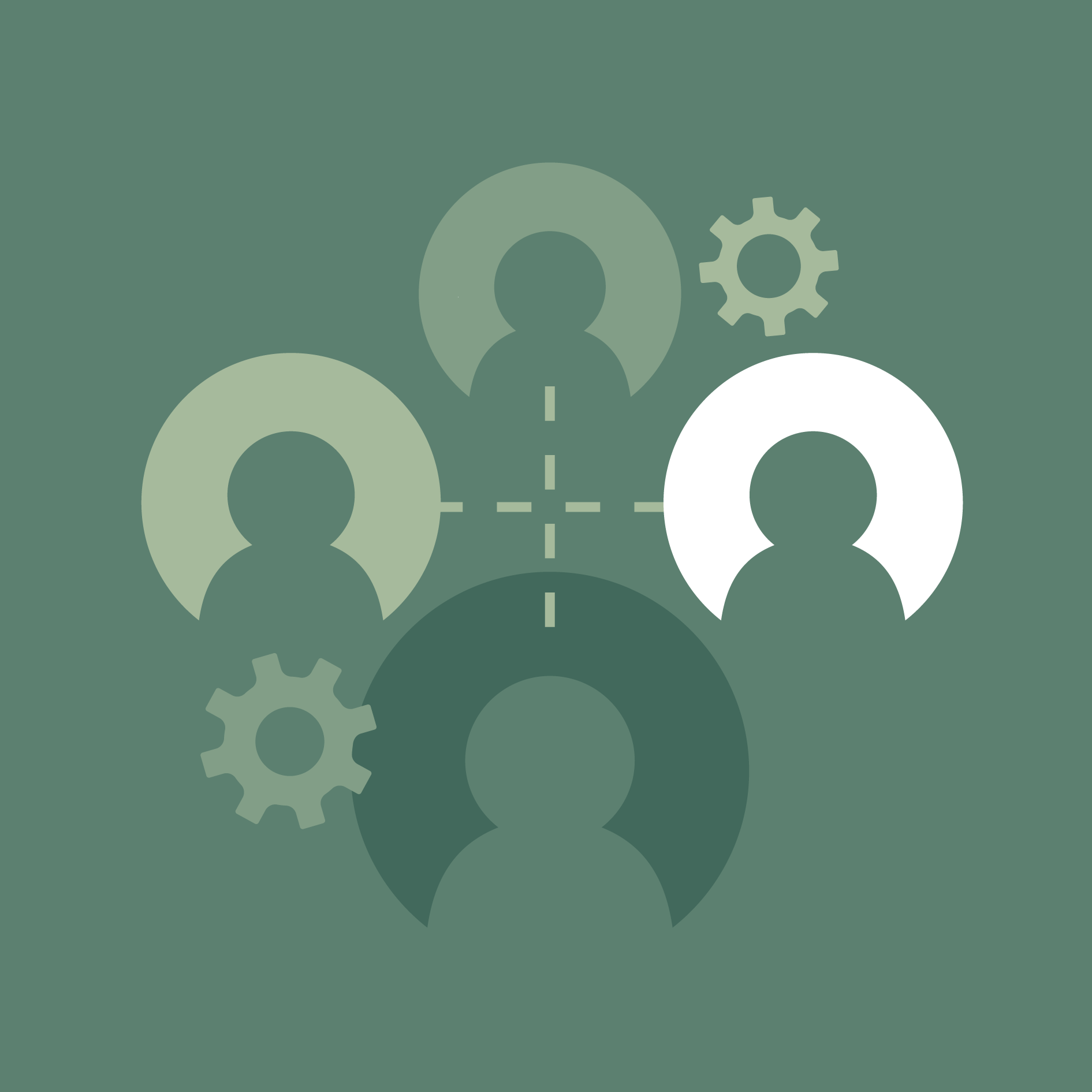 A circular arrangement of four stylized person icons with dashed lines, two gears, and one white icon, on a green background.