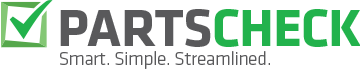 Logo for PARTSCHECK, featuring a green checkmark icon followed by the text 