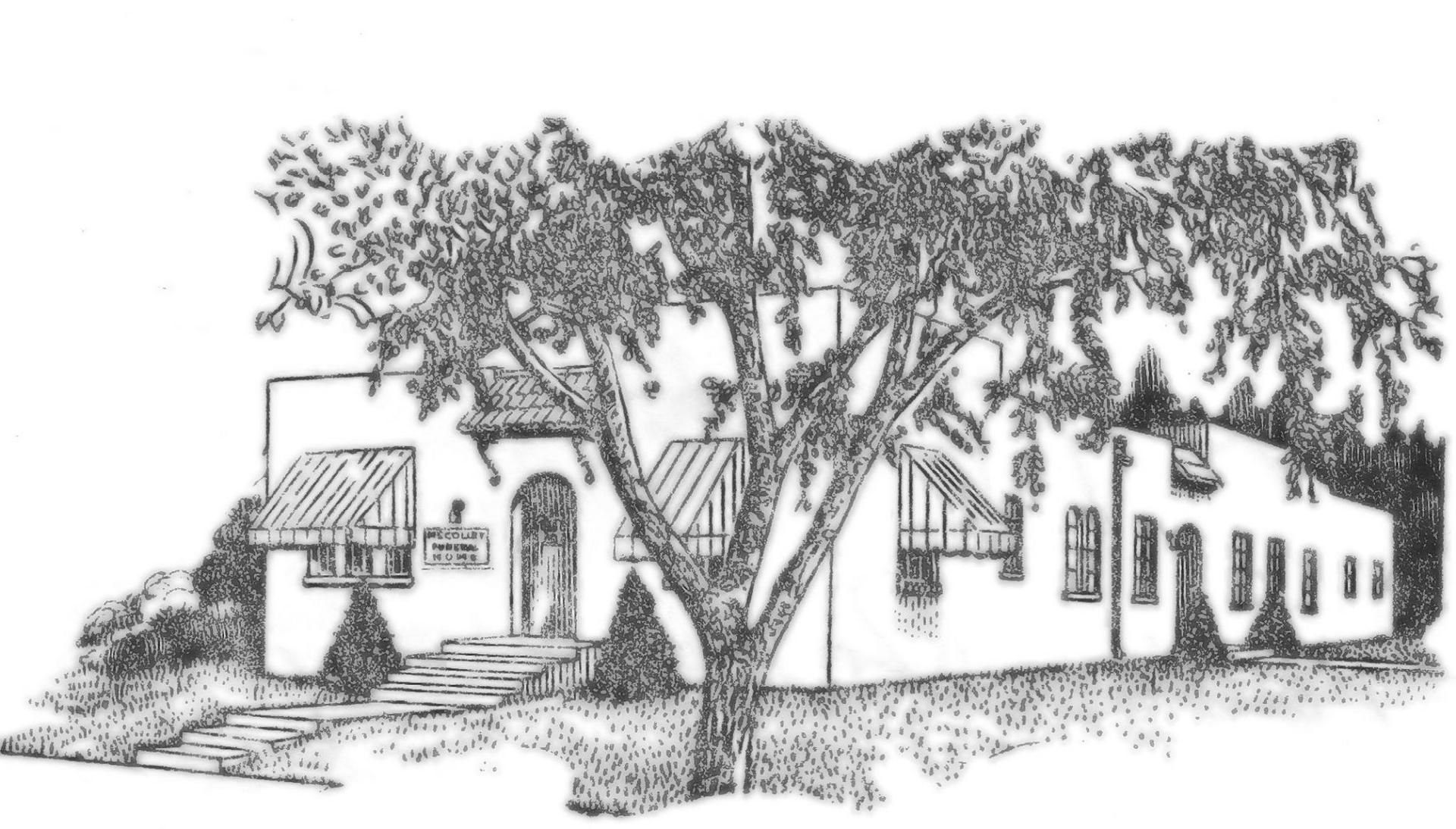 Black and white sketch of a one-story building with a tree in front.