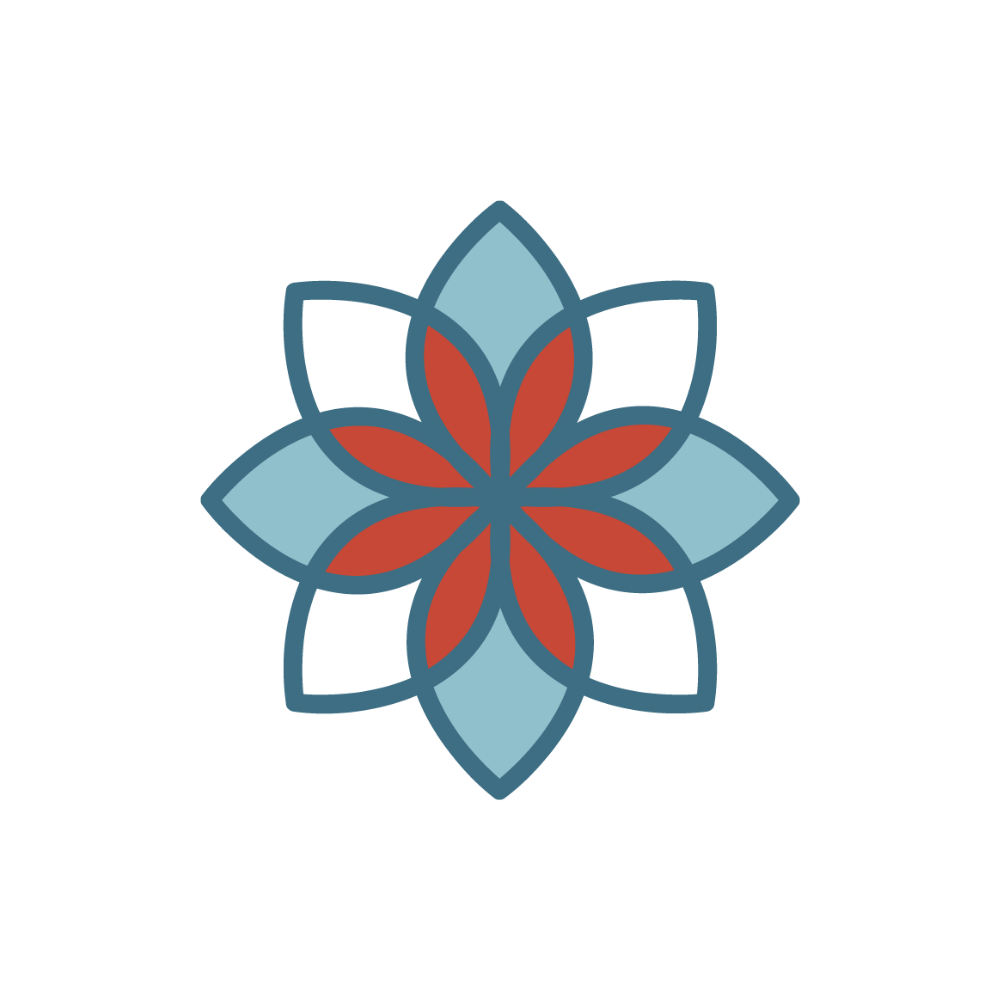 A blue and white drawing of a flower on a white background.
