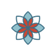 A blue and white drawing of a flower on a white background.