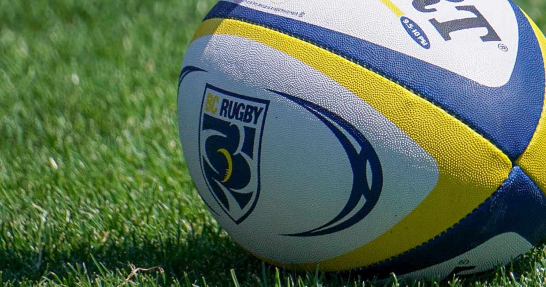A rugby ball on green grass, white with blue and yellow stripes and a tournament logo.