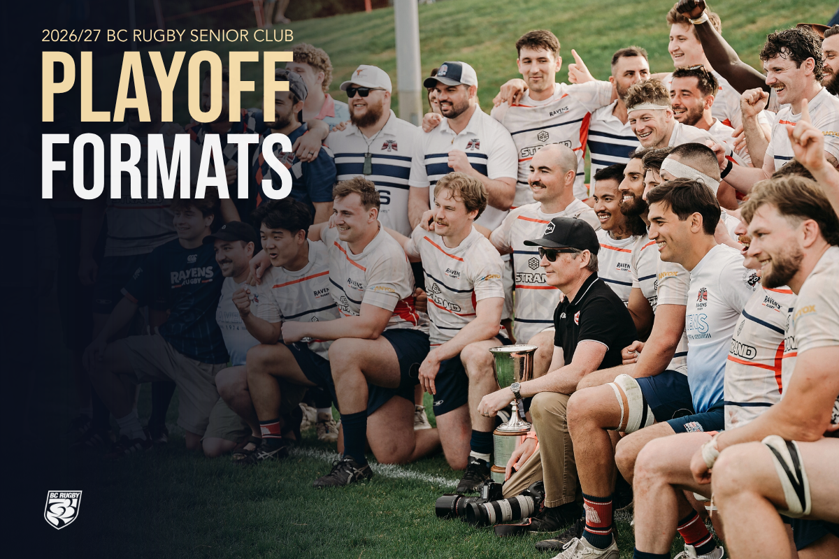 Rugby team seated on a sideline bench with “PLAYOFF FORMATS” text overlaid at left.