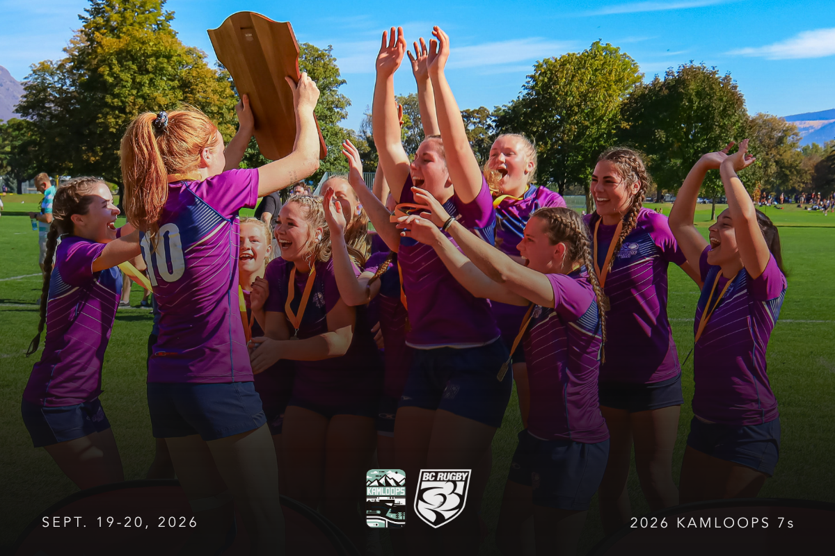 Purple-clad team celebrating with raised hands and trophy on a sunny field