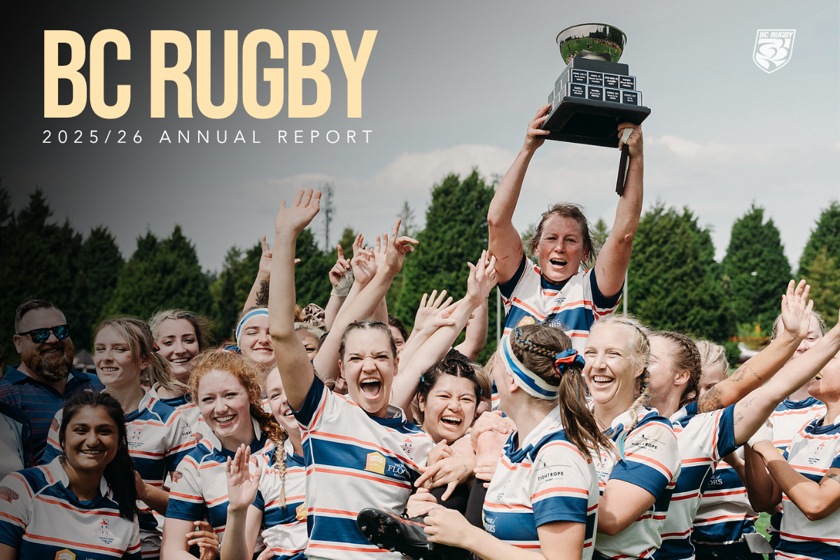 BC Rugby women celebrating with a trophy at an outdoor team photo, 2025 annual report cover