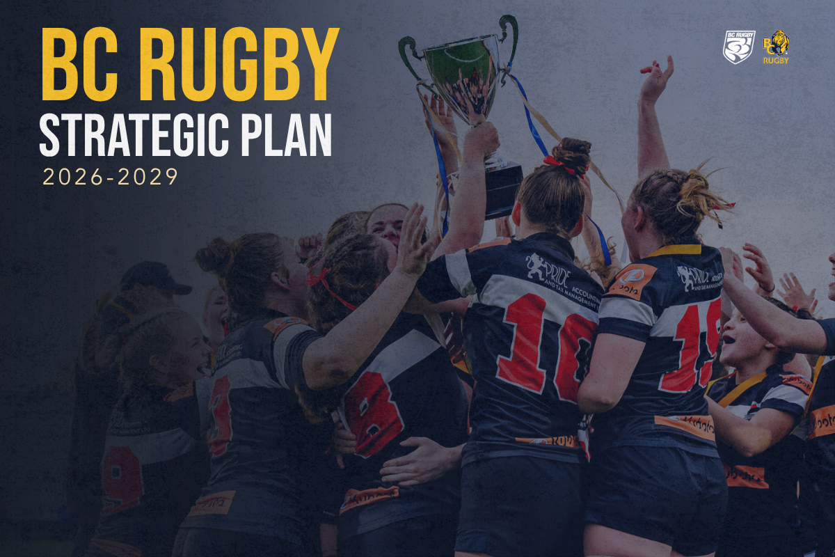 BC Rugby Strategic Plan 2026-2029 cover with celebrating rugby players in dark uniforms