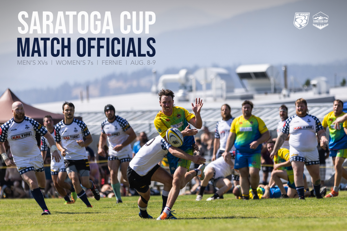 Rugby players sprint across a field during the Saratoga Cup, with “Match Officials” text overlaid.