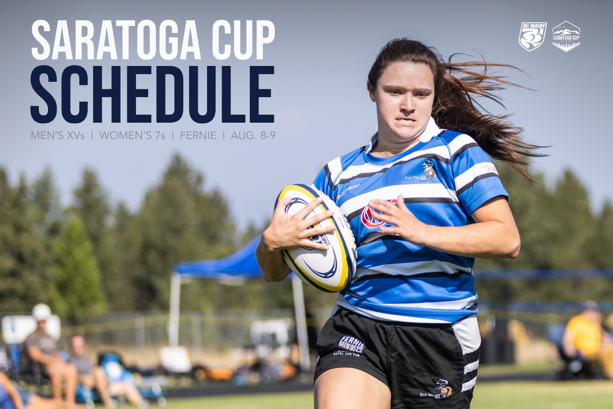 Saratoga Cup schedule poster with a rugby player in blue jersey running on a field