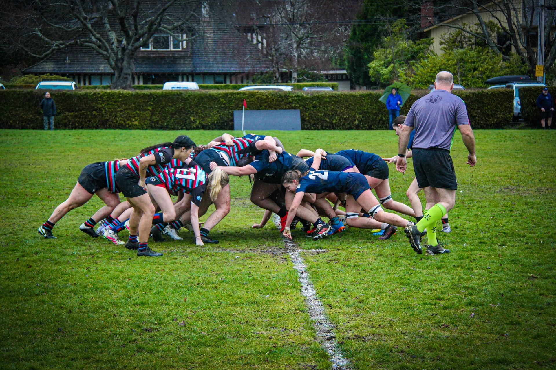 Rugby players crouched in a scrum on a wet grassy field with a referee nearby