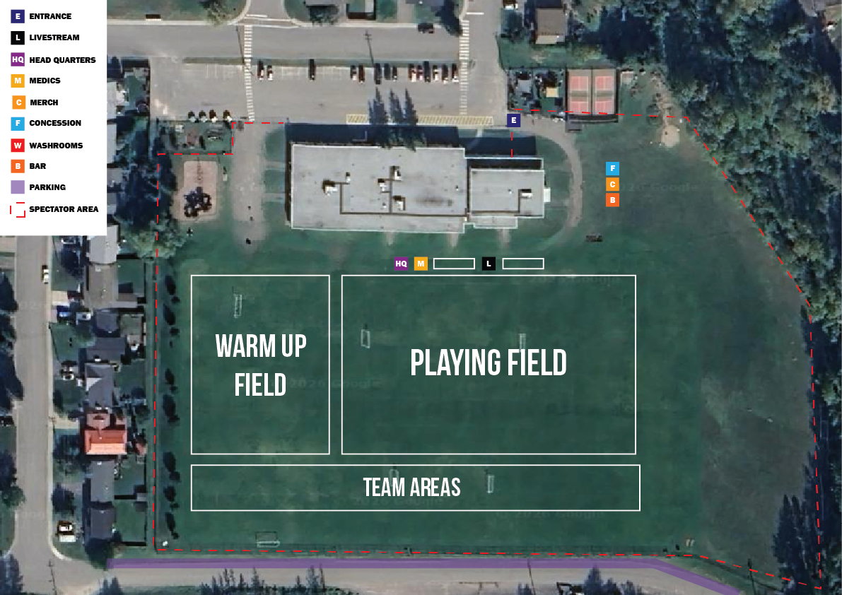 Aerial view of a sports field map labeled warm up field, playing field, and team areas.