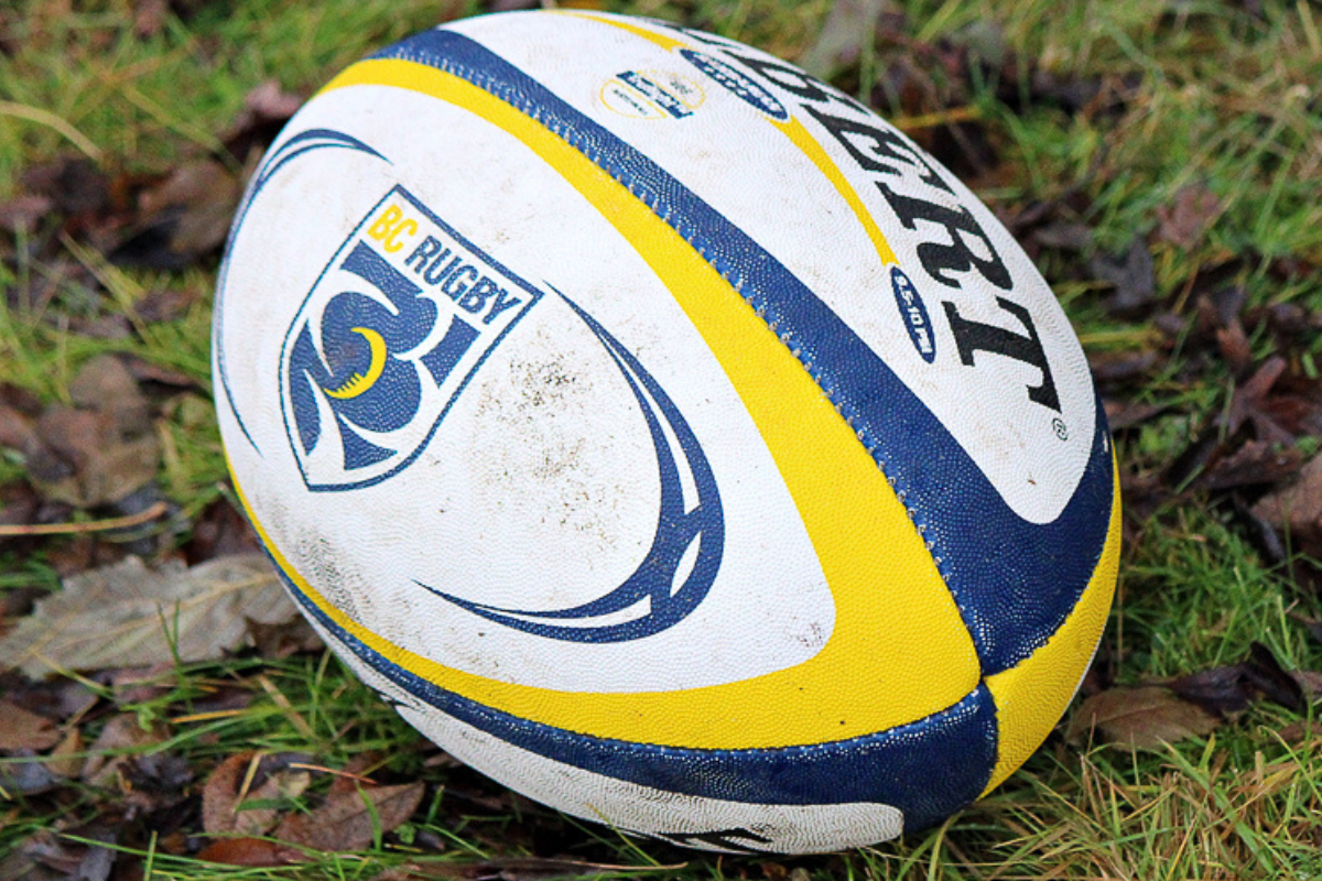 Blue, yellow, and white rugby ball resting on wet grass outdoors