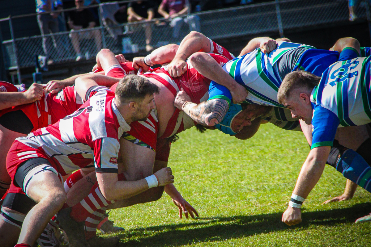 Rugby players in red and blue jerseys locked in a scrum on a grassy field during a match