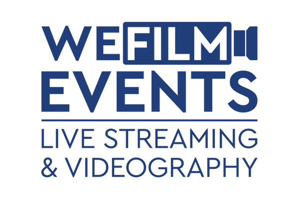 We Film Events logo with blue text and camera icon; “Live Streaming & Videography” tagline