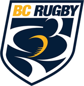BC Rugby shield logo in navy, white, and gold with stylized rugby ball
