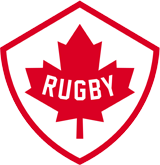 Red maple leaf shield logo with the word “RUGBY” in red and white