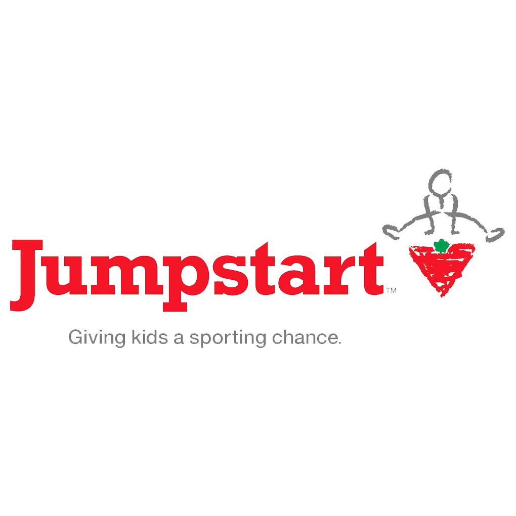 Jumpstart logo with red text and a stick figure holding a basketball over a heart-shaped hoop