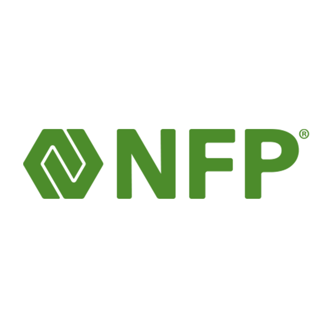 Green NFP logo with a geometric hexagon icon and green text on a white background