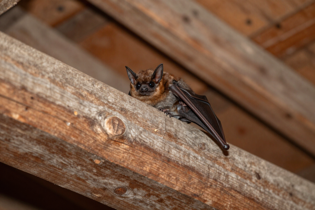 Small brown bat resting on a wooden attic beam