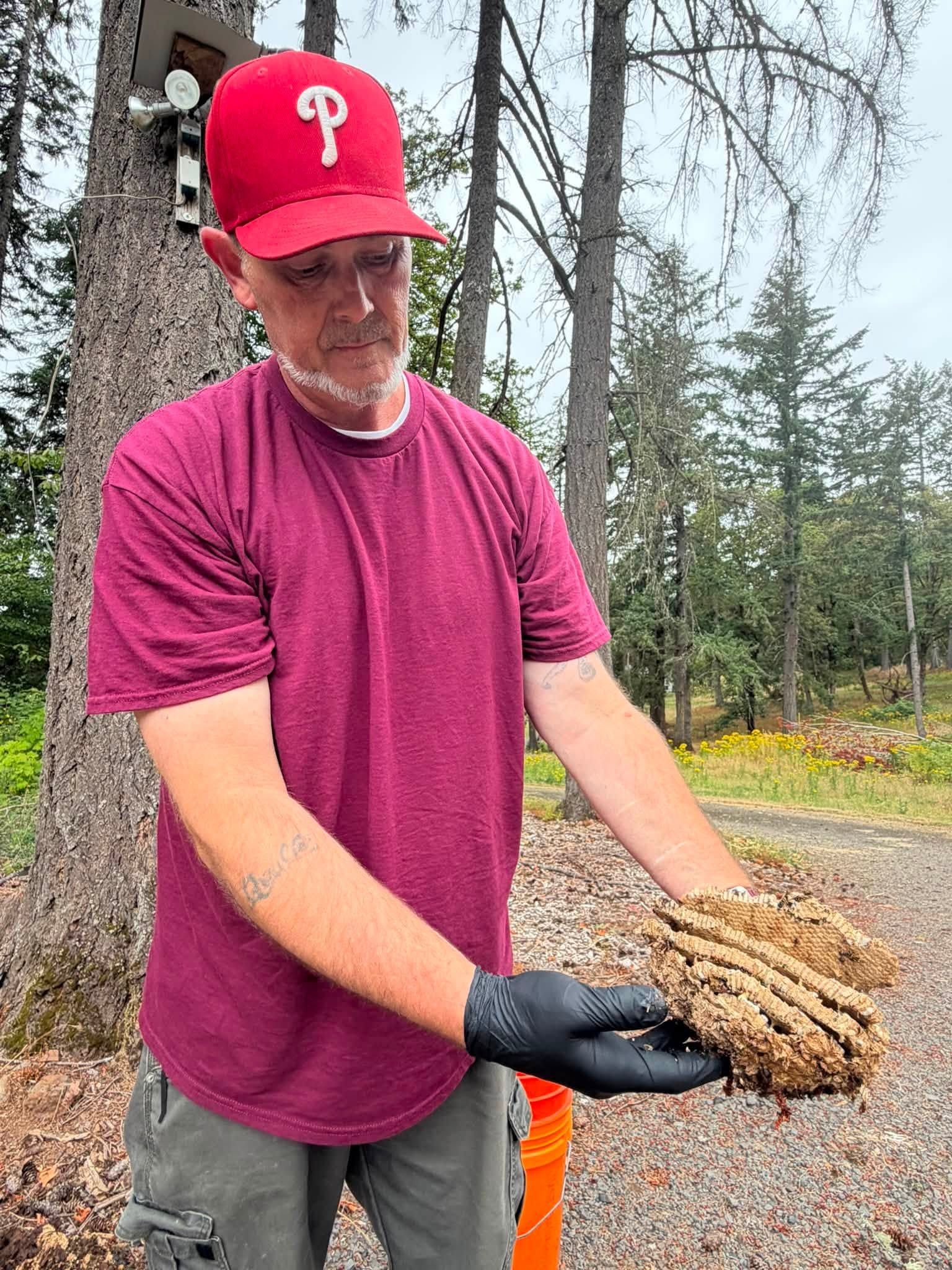 Man in a red cap and maroon shirt holds a bundle of wet pine cones outdoors on a gravel path.