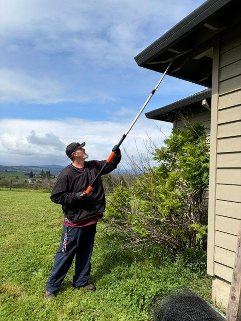 Person using a long pole to clean the roof gutter beside a house on a grassy hillside