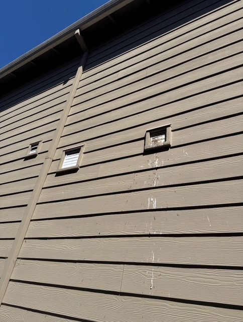 Side of a beige house with horizontal siding and two small wall vents under a blue sky