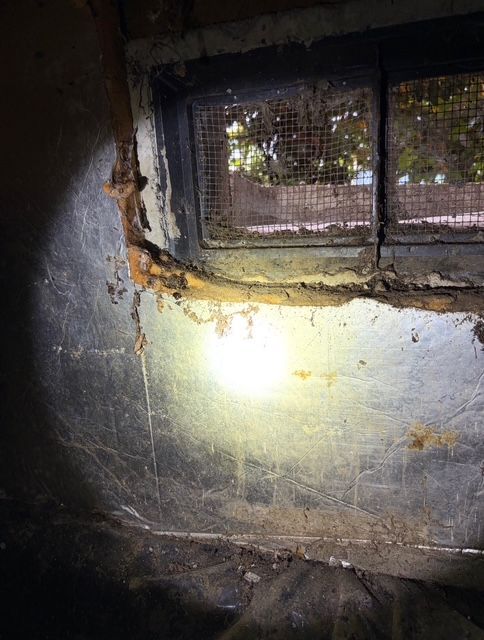 Dark, damp wall with peeling paint and a small barred window, lit by a flashlight beam.