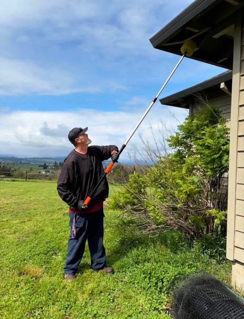 Person using a long pole to clean the roof gutter beside a house in a grassy yard.