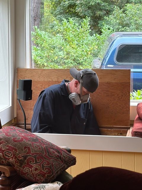 Person in a cap and respirator working at a counter by a window, with greenery and a blue vehicle outside.