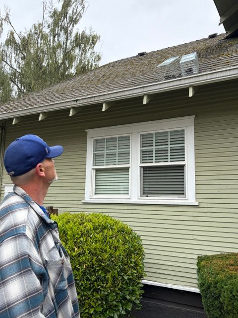 Man in blue cap looking up at house roof and white window shutters beside green siding