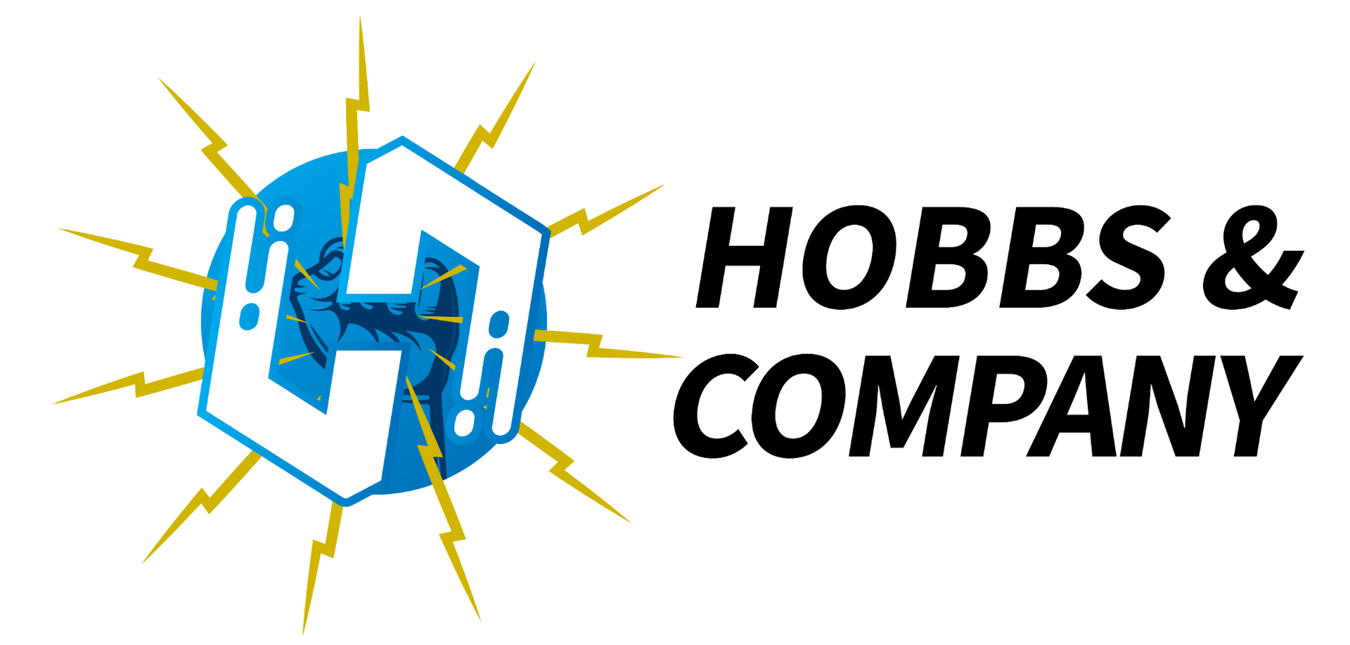 Hobbs & Company logo with a blue hexagon and yellow lightning bolts on white background