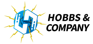 Hobbs & Company logo with a blue hexagon and yellow lightning bolts on white background
